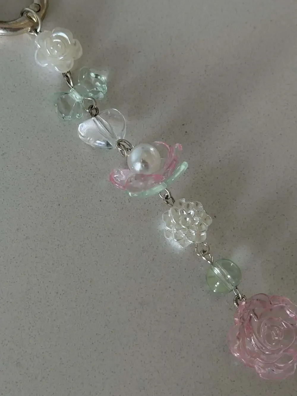 Handmade Floral Beaded Keychain with Pink Rose and Green Accents